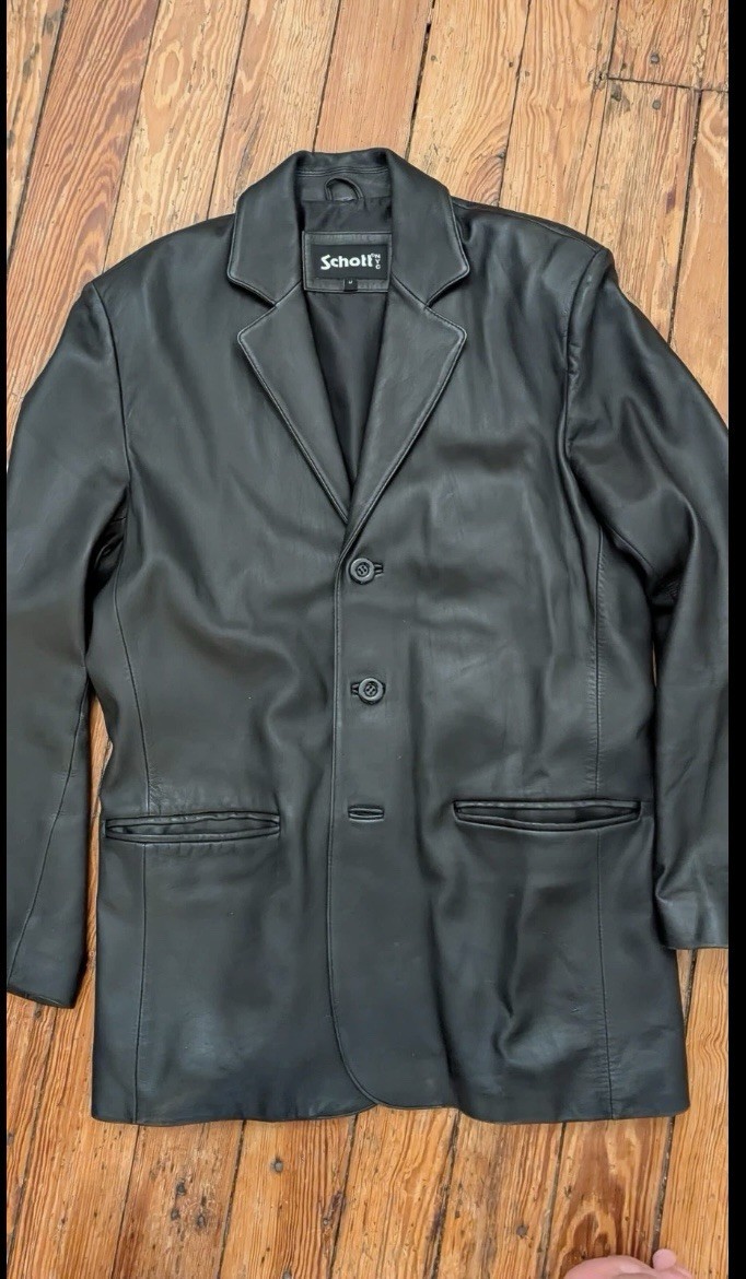 Schott Men\'s Black Leather Button-Front Blazer Jacket Pockets Medium