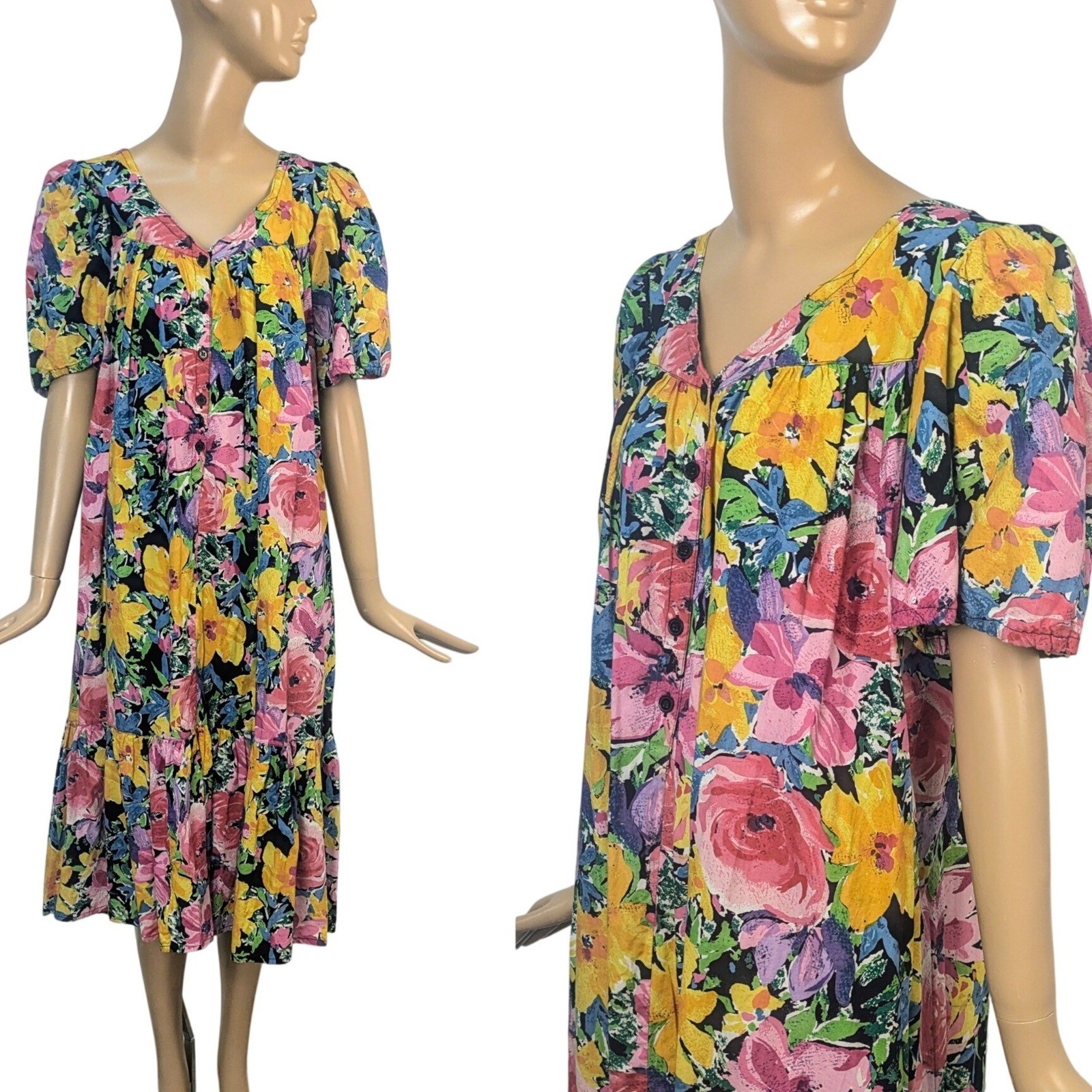 Vintage 70s Star of India Bright Floral Cotton Dress Puff Sleeve Boho Indian S