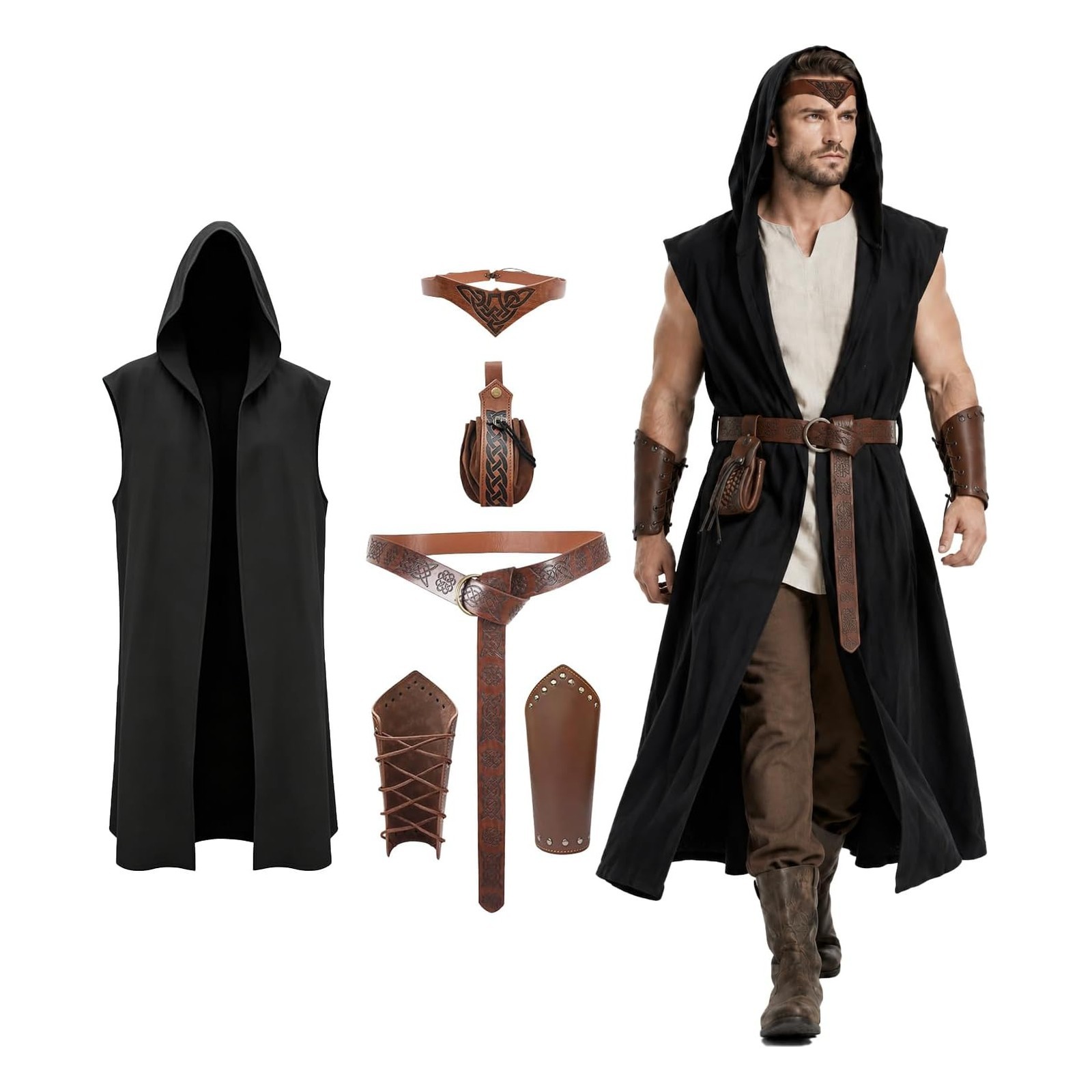 Men\'s Medieval Renaissance Costume Set,Halloween Ranger Hooded Vest LARP,XL