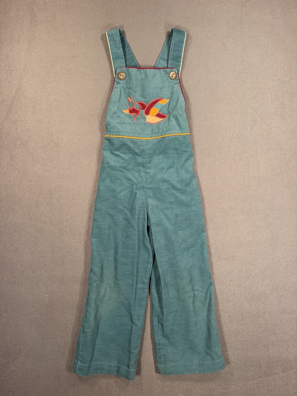 Vintage 70s Health-Tex 4T Teal Corduroy Overalls Embroidered Duck Made USA