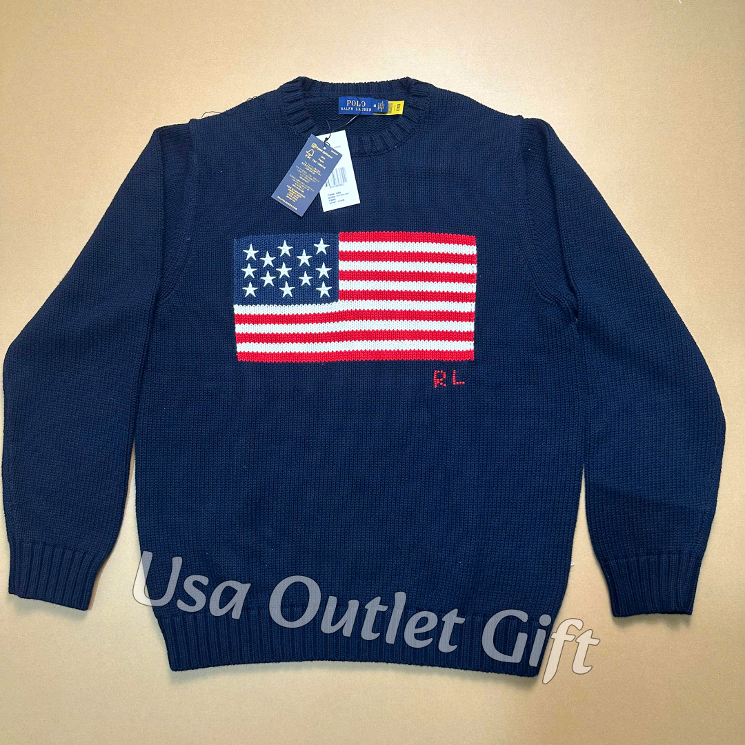 POLO PALPH LAUREN Polo Navy American Flag Cotton Sweater Men S, NWT