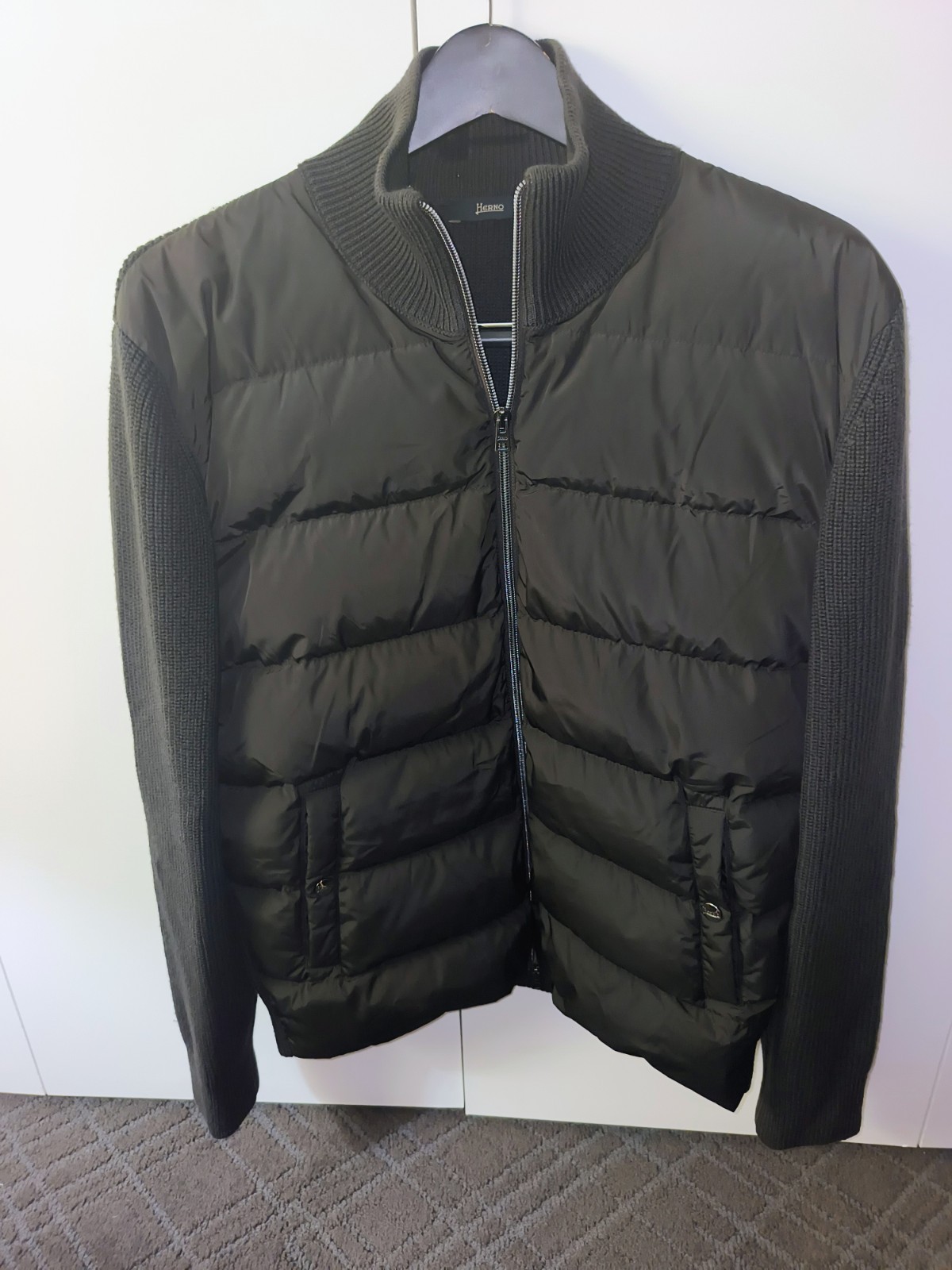 Herno Men’s Brown Down Bomber LIght Puffer Jacket Size 50 IT Luxury Funnel Neck