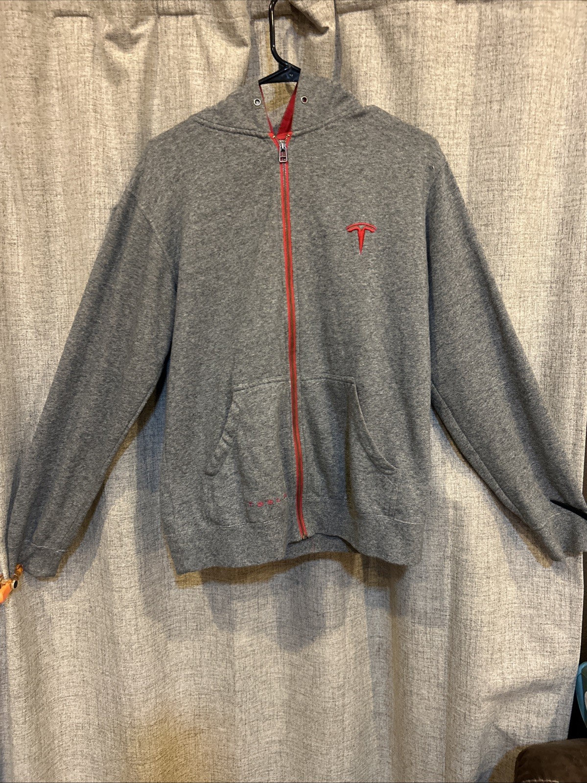 Small Hooded Sweatshirt Green Gray with Red Logo. Pre-Owned With The Tesla Logo