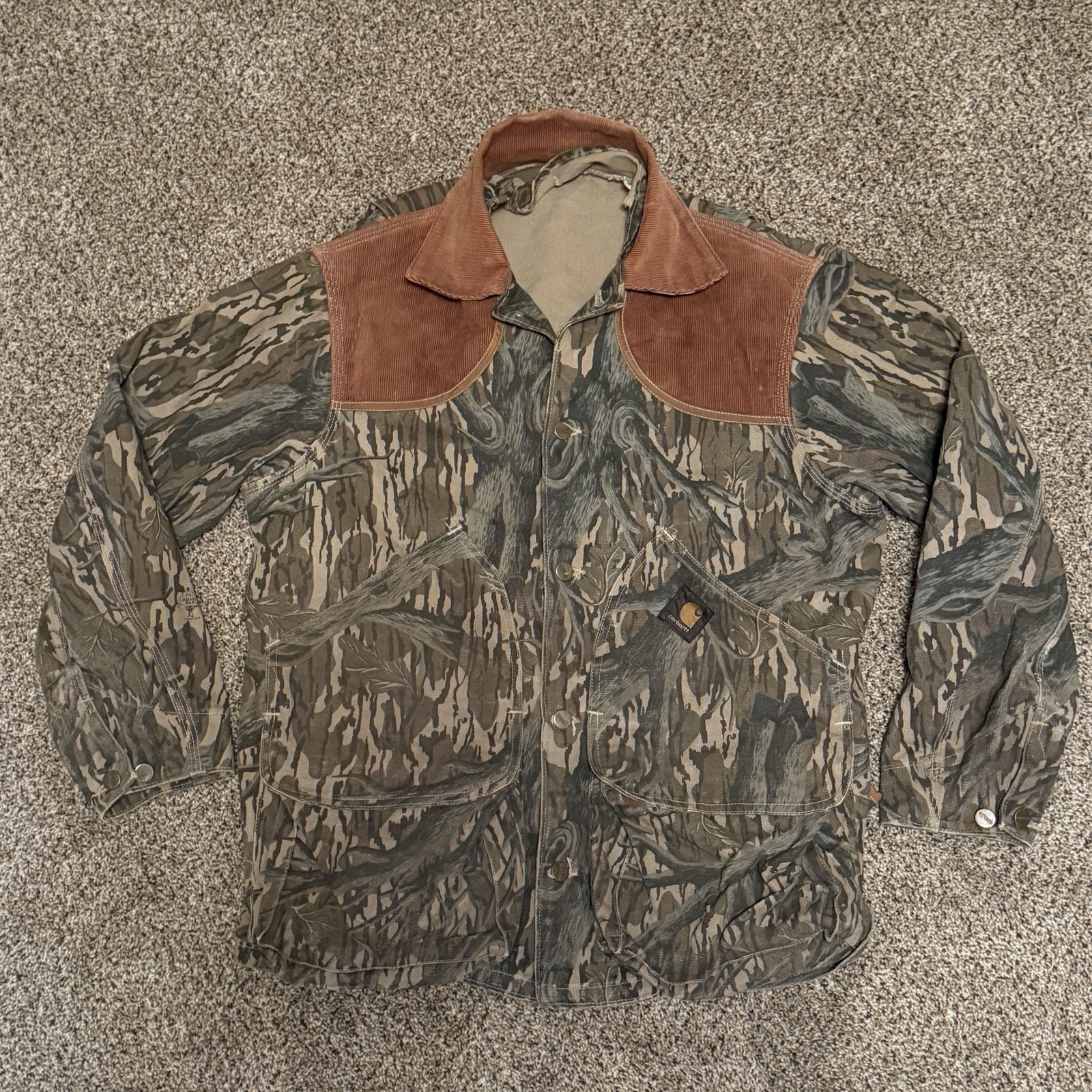 VTG Carhartt Mossy Oak Treestand Camo Hunting Coat L 42-44 + Game Bag *NO LINER*