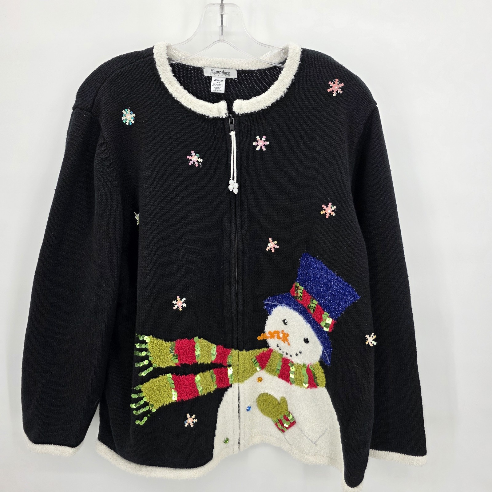 Vintage Hampshire Studio Cardigan Sweater Womens 3X Black Zip Snowman Christmas