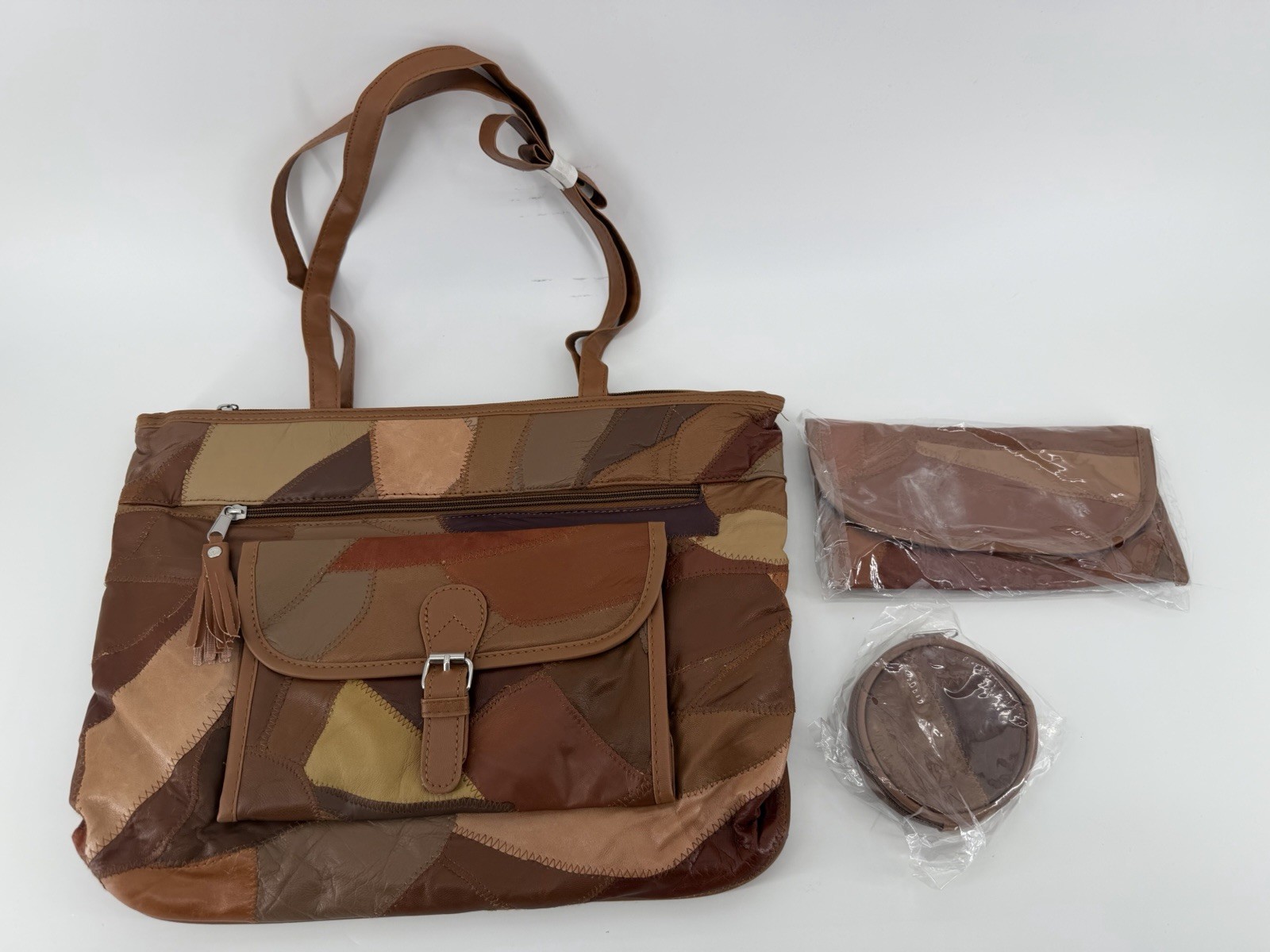 NWOT 3Pc Patchwork Leather Shoulder Bag Tote Matching Wallet Coin Purse Set