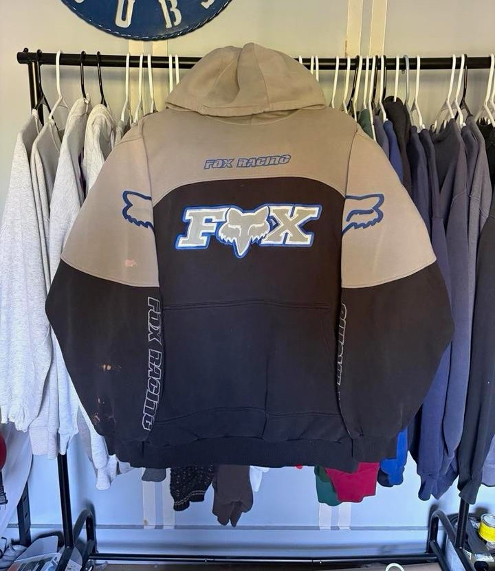 Grail Super Rare Fox Racing Super Rare Blue, Grey, and Black Racing Hoodie L