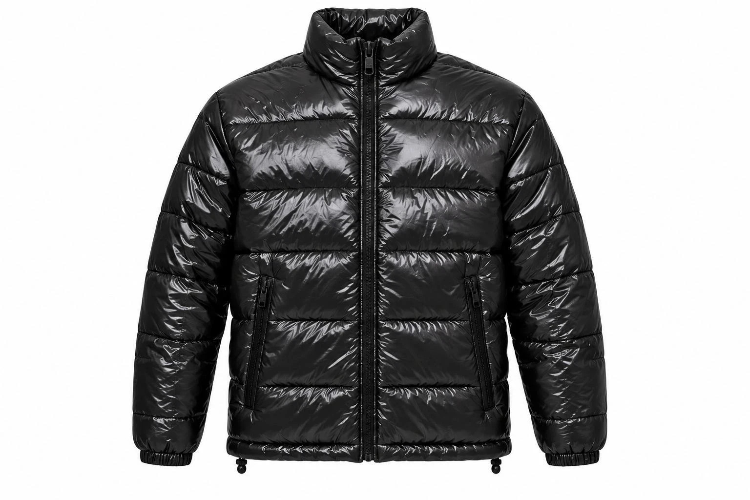 Men’s Glossy Black Puffer Jacket – Quilted Winter Jacket with Zip Pockets