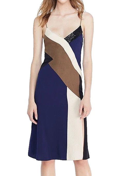 Diane Von Furstenberg DVF Frederica Colorblock Silk Slip Dress Navy Brown 6