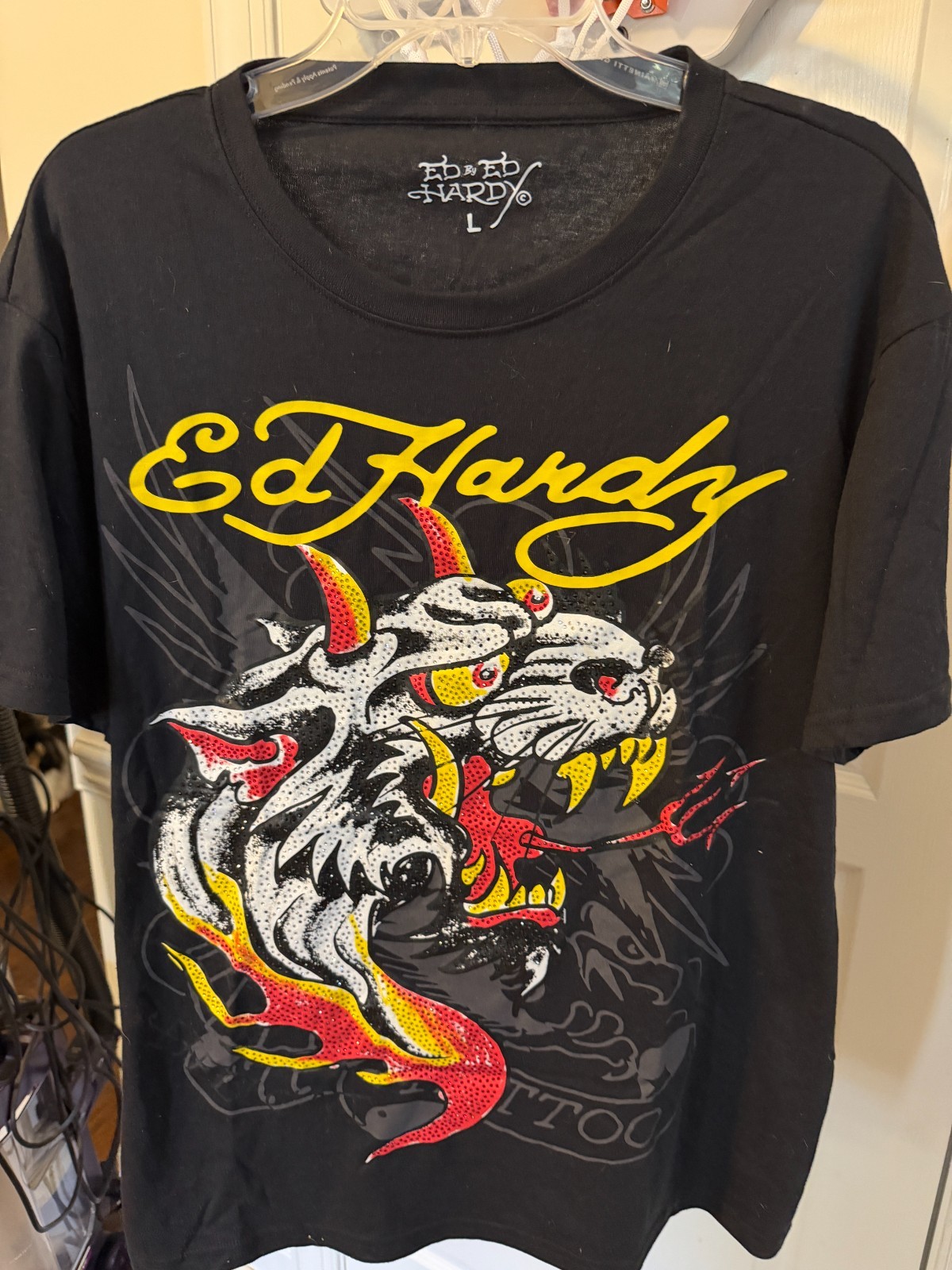 Ed Hardy Fire Panther Short Sleeve Men’s Tee- Size L Jeweled 