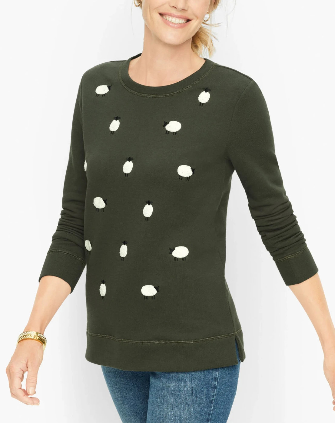T by TALBOTS Plus Green Fleece Sweatshirt PULLOVER Top Embroidered Sheep 2X