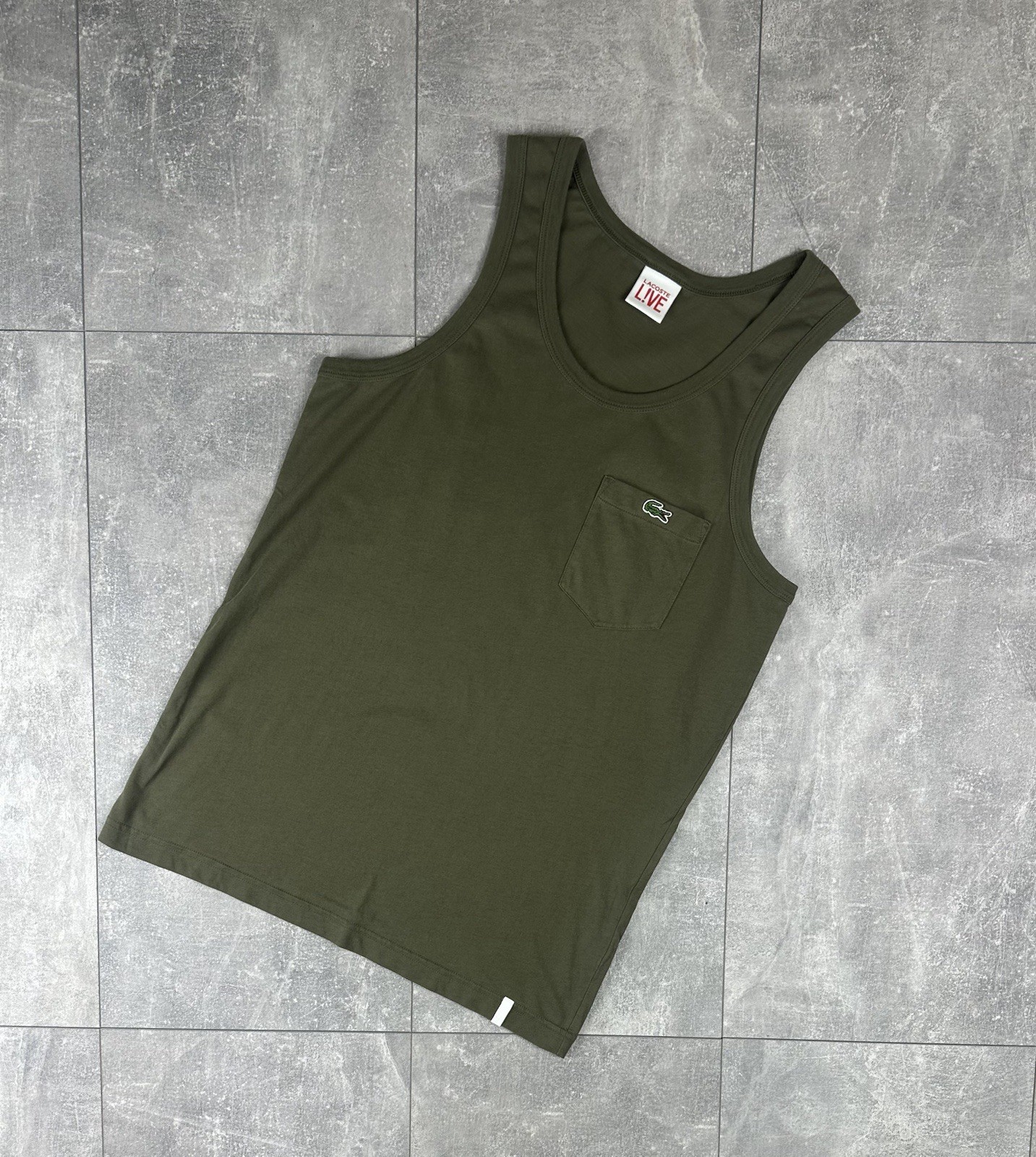 Lacoste Live Mens Small Logo Khaki Tank-Top Size M 