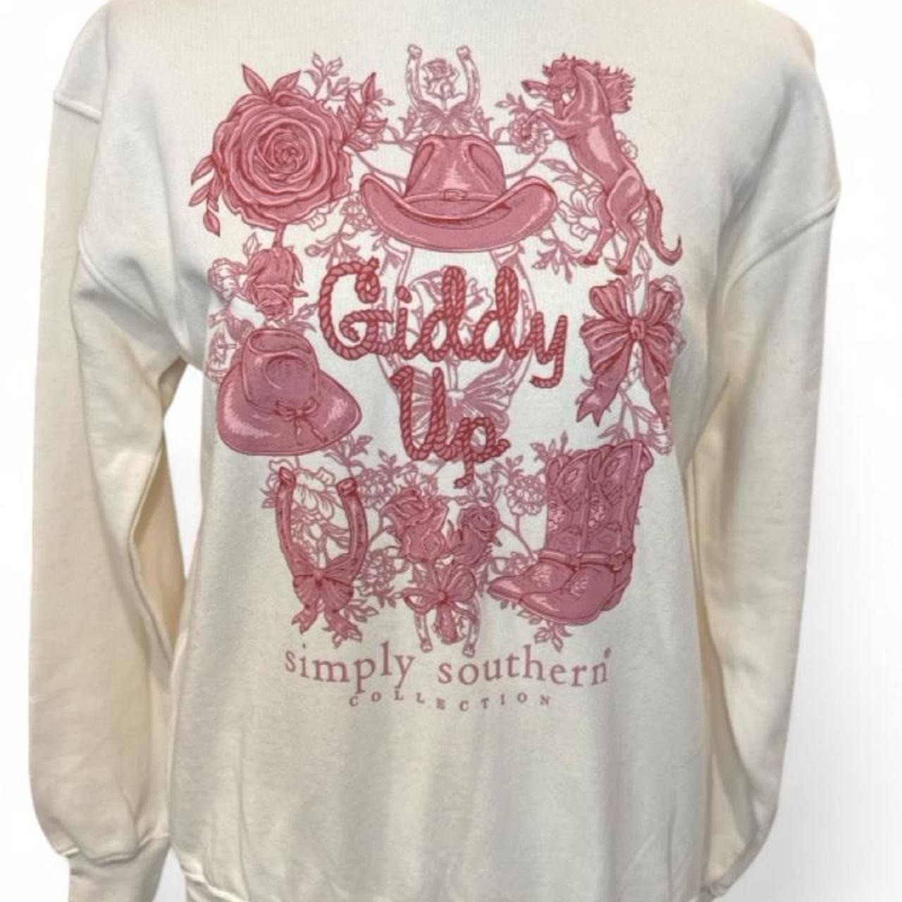 Simply Southern Giddy Up Pink Western Graphic Sweatshirt Cream Kids Youth Large