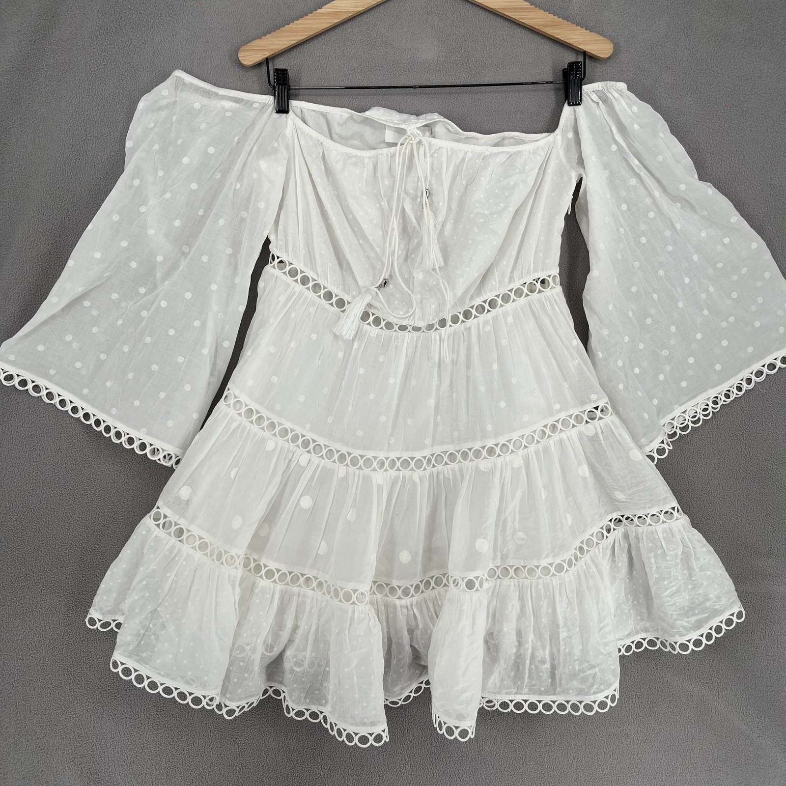 Zimmermann Dress Womens 1 White Polka Dot Off Shoulder Trim Bell Tassel Lace Tie