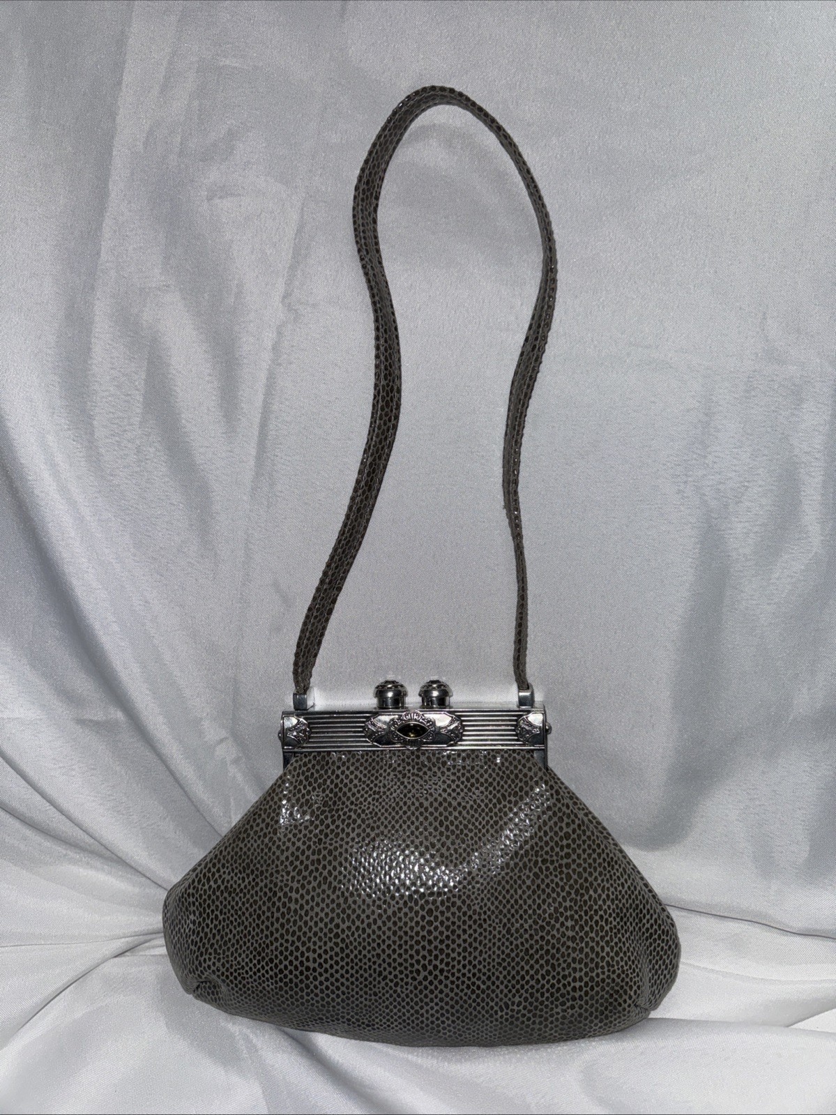 Moulin Rouge Metal Closure Gray Embellished Handbag Snake Skin James Culver