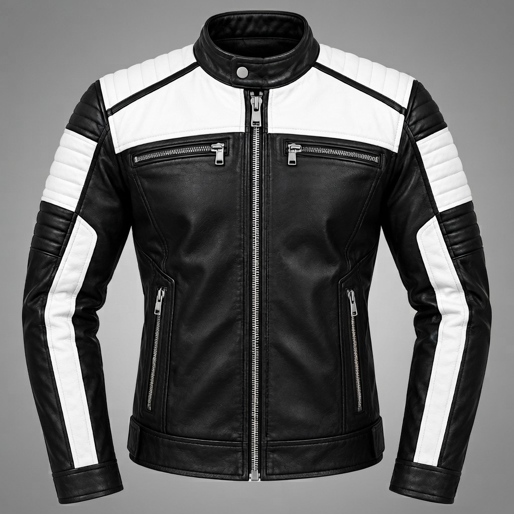 Men's Black & White Real Leather Motorcycle Jack Biker Moto Café Racer