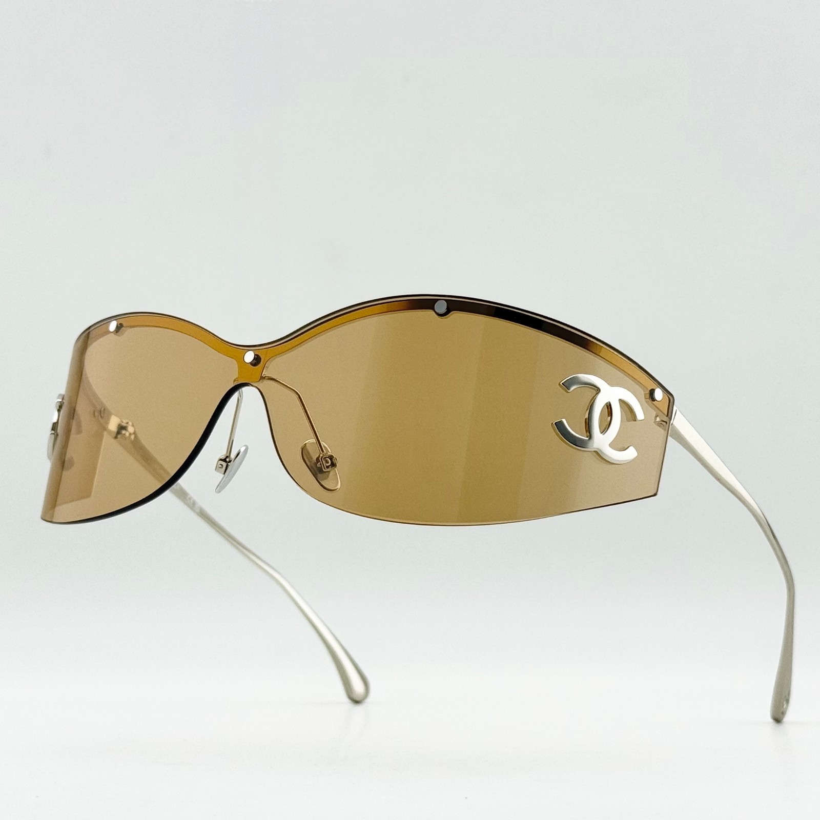 CHANEL CHA71787 Shield Sunglasses Silver Frame Brown Lens CC Logo Women