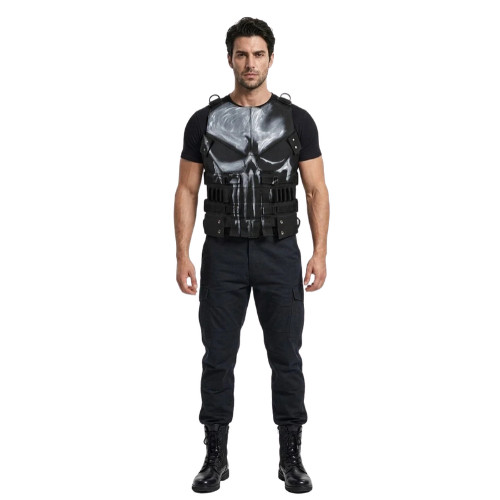 Men's Handmade Skull PU Leather Tactical Vest Punisher Style Halloween Costume