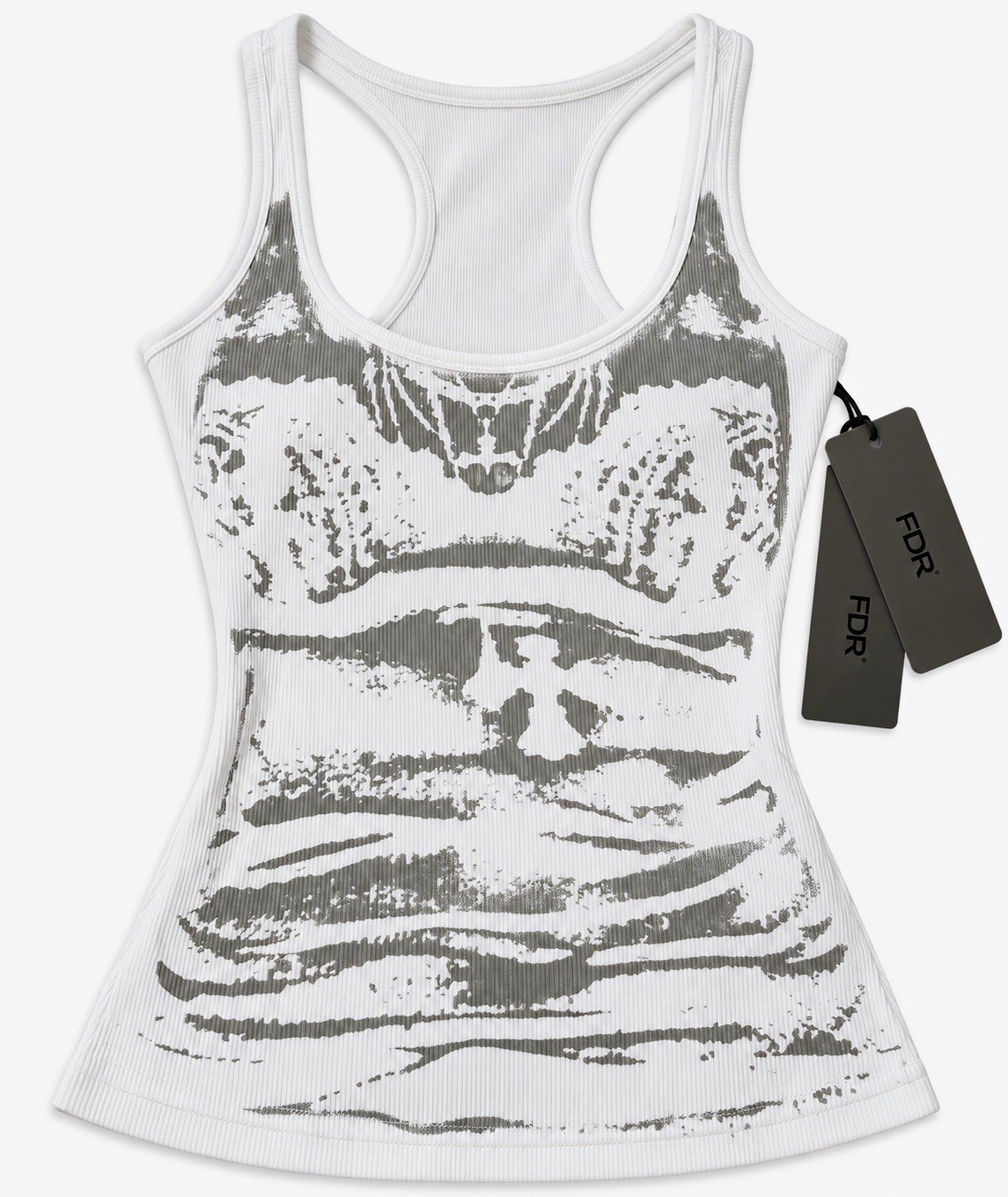 FDR Unisex M White/Gray Graphic Print Ribbed Racerback Tank Top T-Shirt