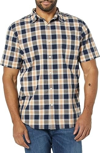 Essentials Men\'s Slim-Fit Short-Sleeve Poplin Shirt, Navy Gold Plaid, M