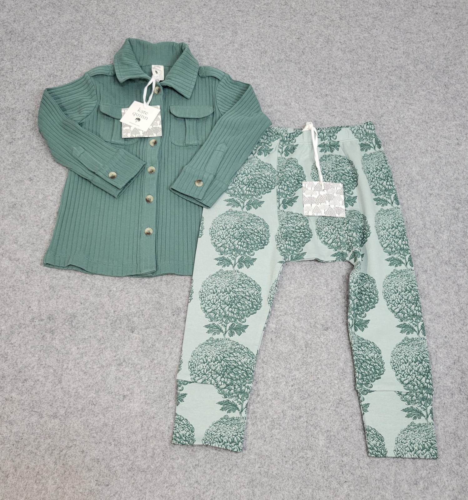 Kate Quinn Outfit Set Toddler Girls 3T Green Ribbed Jacket Pants Organic Cotton