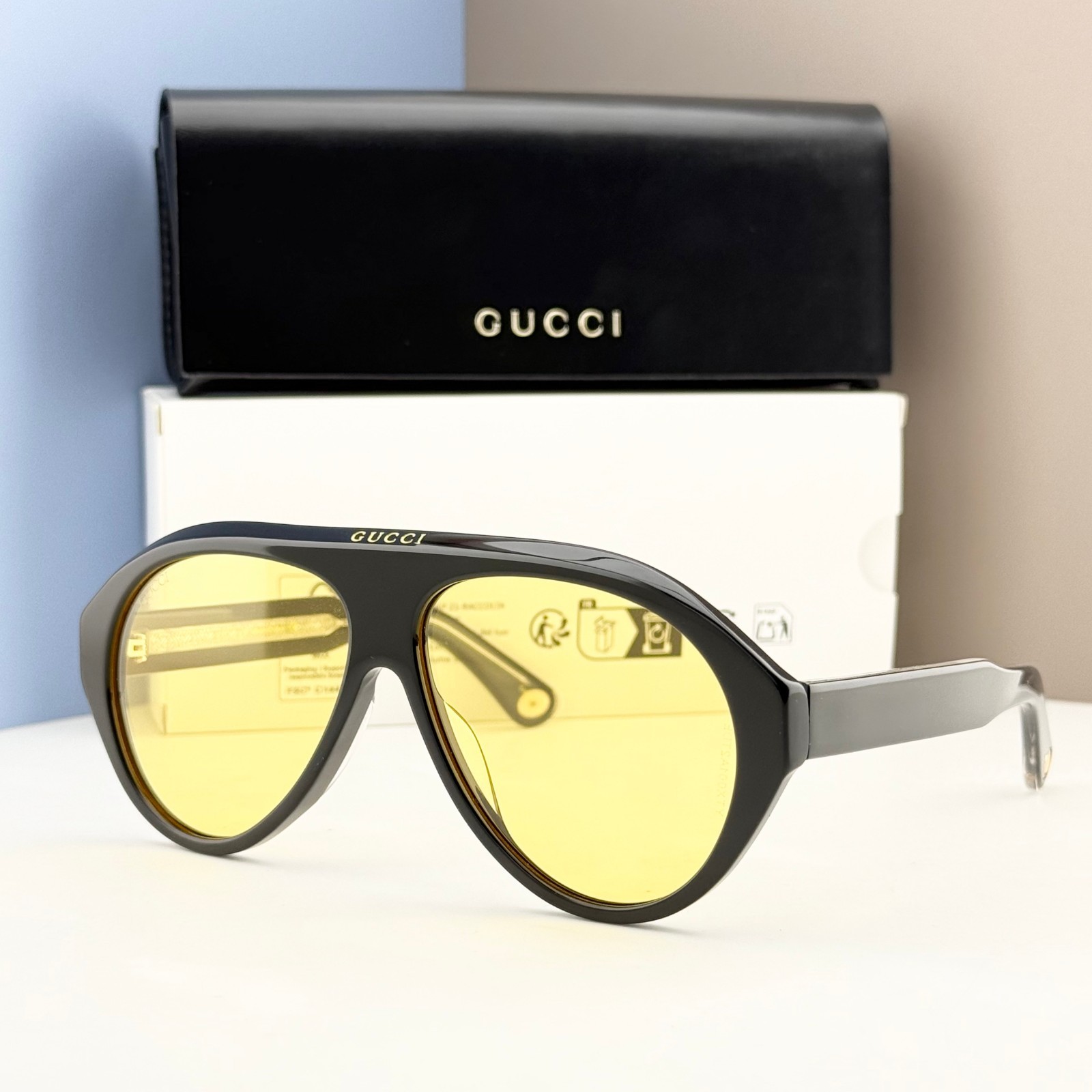 Gucci GG0479S Aviator Sunglasses Black Frame Yellow Lens Unisex Italy