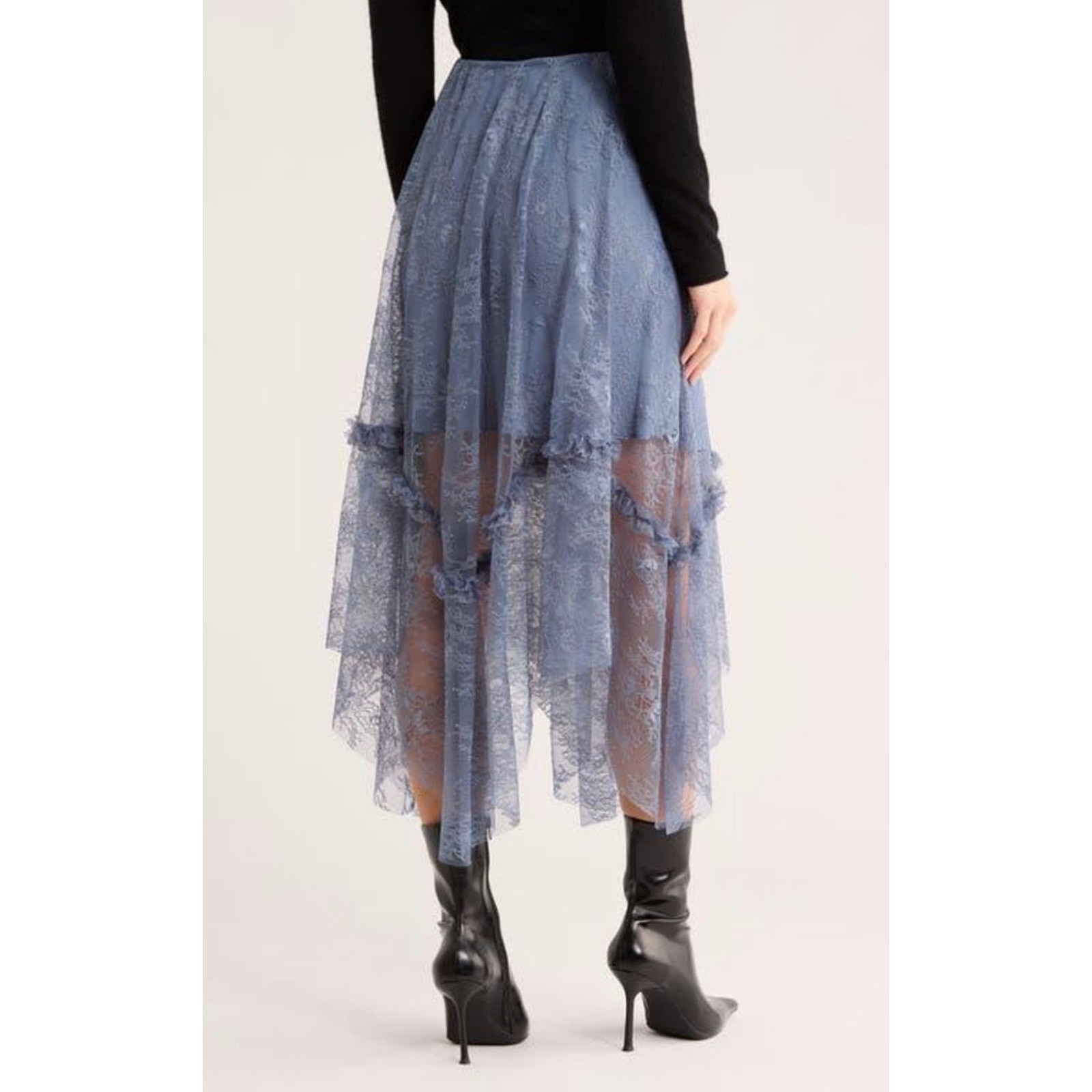 ALLSAINTS Josie Asymmetrical Lace Skirt in Flint Stone Blue Size US 10