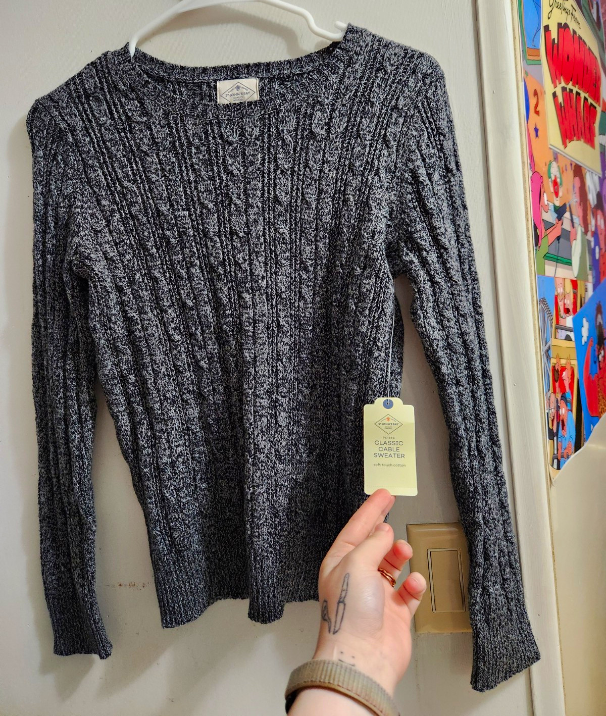 NWT St. John\'s Bay Womens Petite PS Gray/Black Marled Cable Knit Crew Pullover 