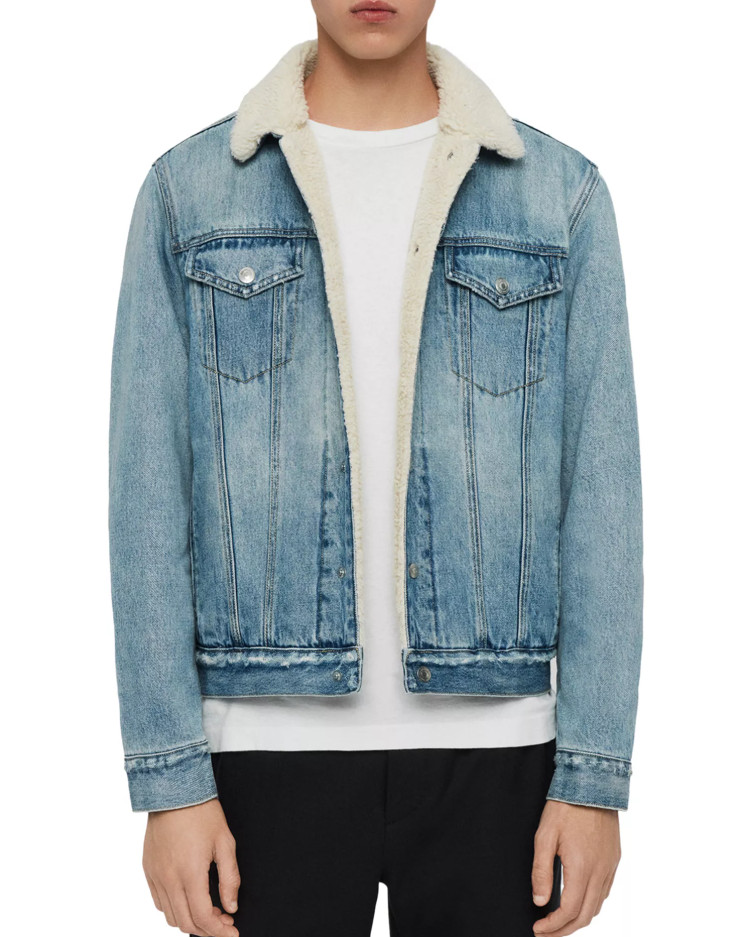 ALLSaints Sherpa Lined Denim Jacket Indigo Trucker Relaxed Snap Front RARE EUC