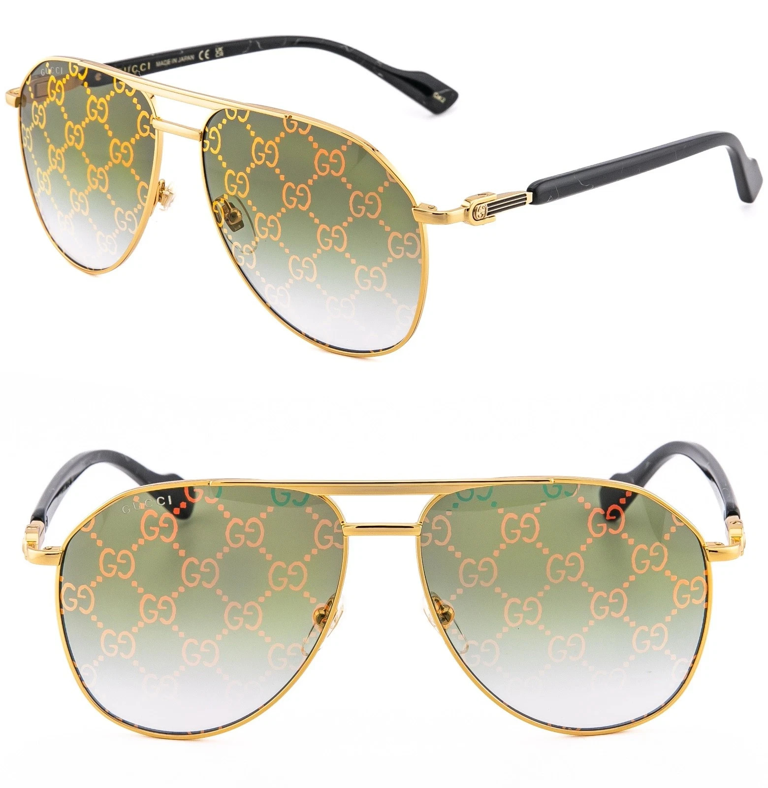 GUCCI 1220 Gg1220S Gold Green GG Logo Print Mirror Unisex Aviator Sunglass 004