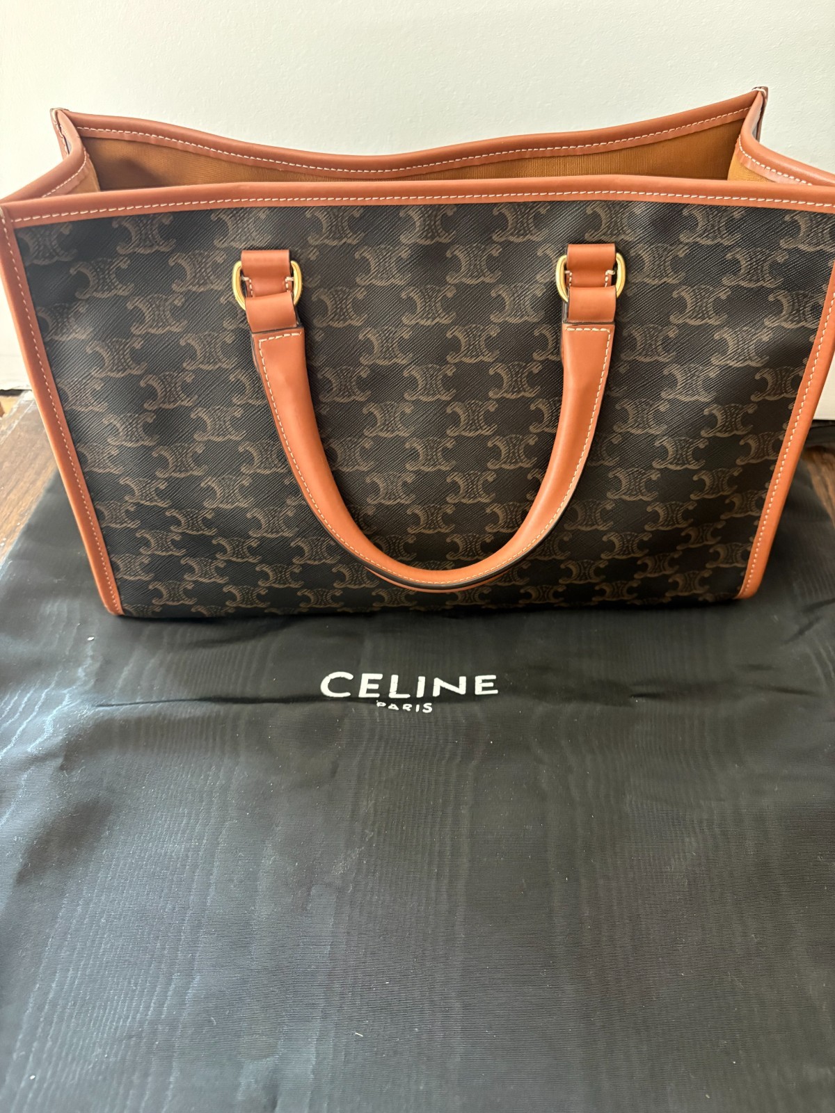 Celine Triomphe Canvas Calfskin Mini Horizontal Cabas Tan