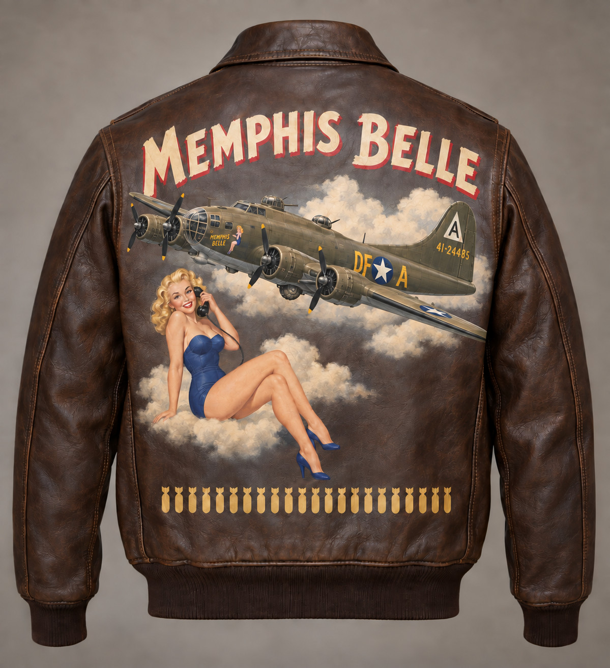Memphis Belle Men\'s Genuine Leather A2 Bomber Jacket WWII Nose Art