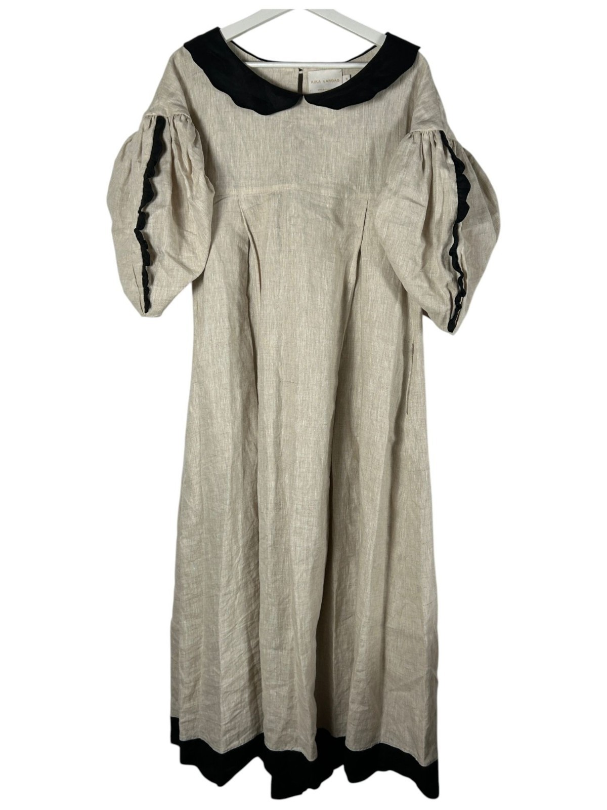 Kika Vargas Beige Linen Puff Sleeve Midi Dress Medium Scalloped Trim Pockets