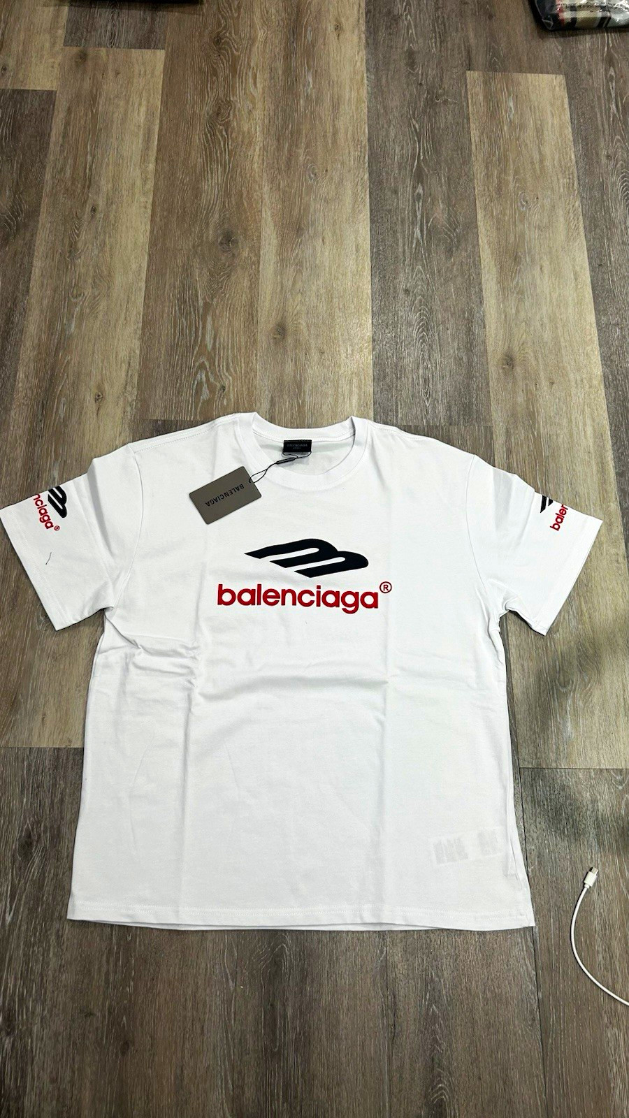 Balenciaga Men\'s S White Cotton Crew Neck Short Sleeve Red Logo Graphic Tee