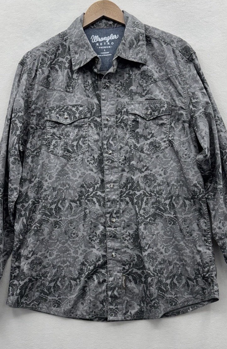 Wrangler Retro Men\'s Large Pearl Snap Western Shirt Gray Damask/Paisley Cowboy