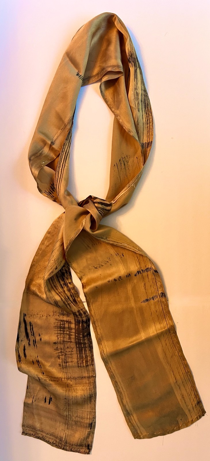 Silk scarf hand painted and dyed, charmeuse, sumi-e gold, black
