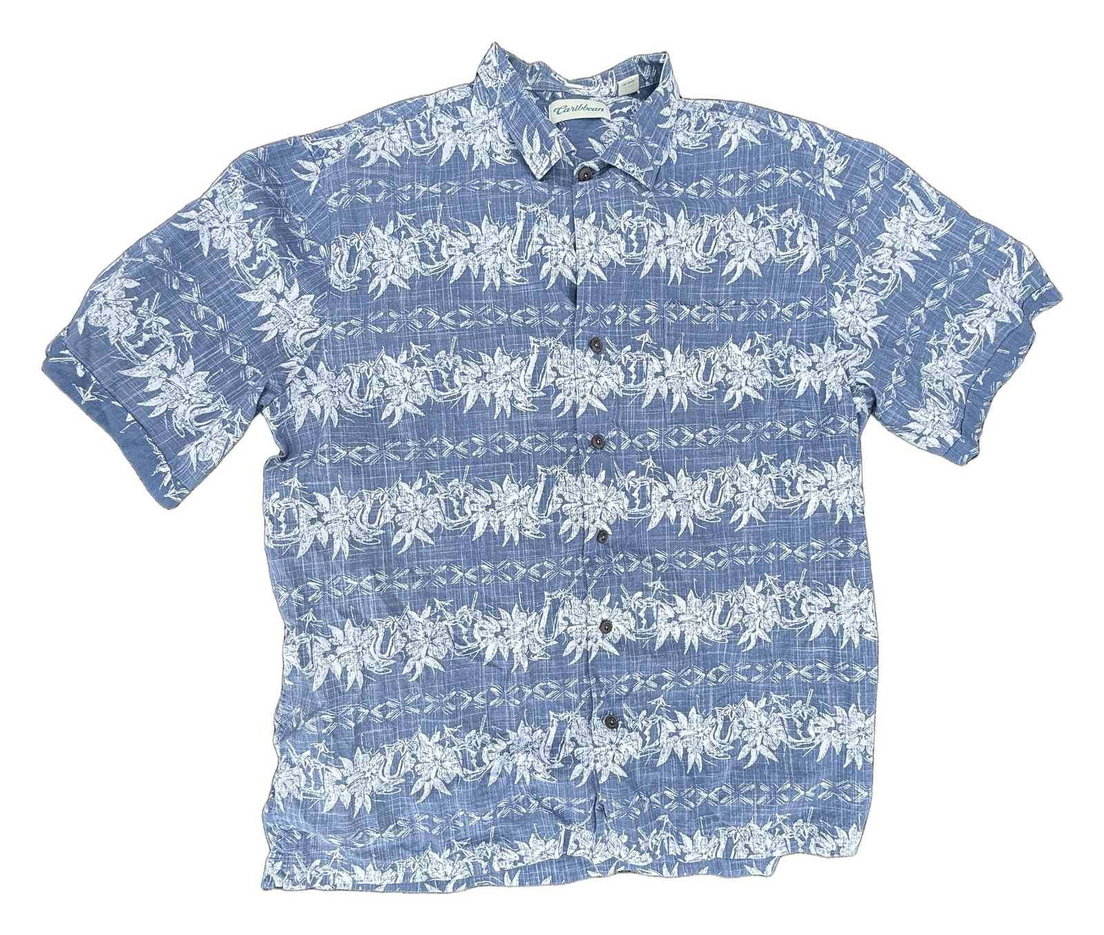 Caribbean Mens XL Short Sleeve Floral Hawaiian Tropical Camp Shirt Blue White