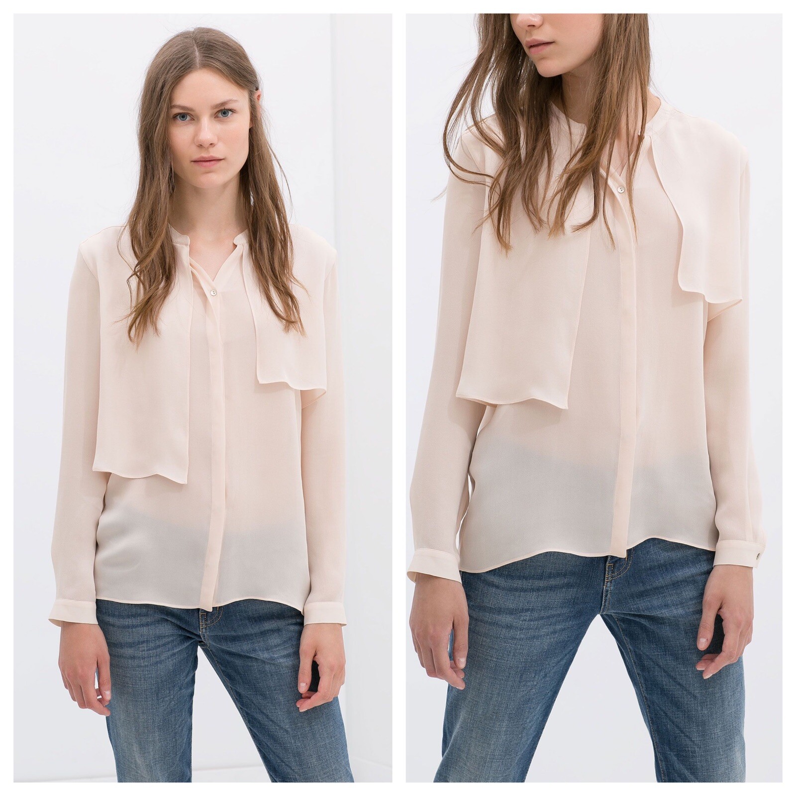 NWT ZARA PALE PINK NUDE 100% SILK BLOUSE WITH LAYERED FRONT - SM - Ref. 7548/600