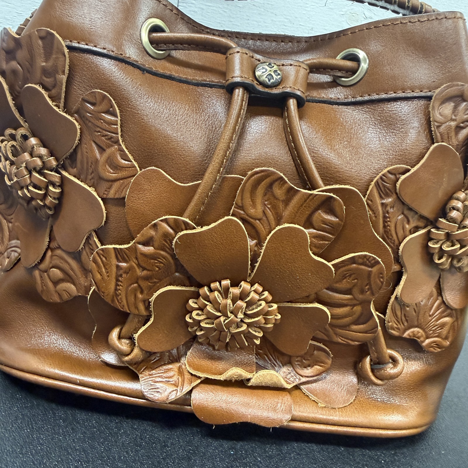 Patricia Nash Floral Applique Leather Elisa Bucket Bag Cognac New