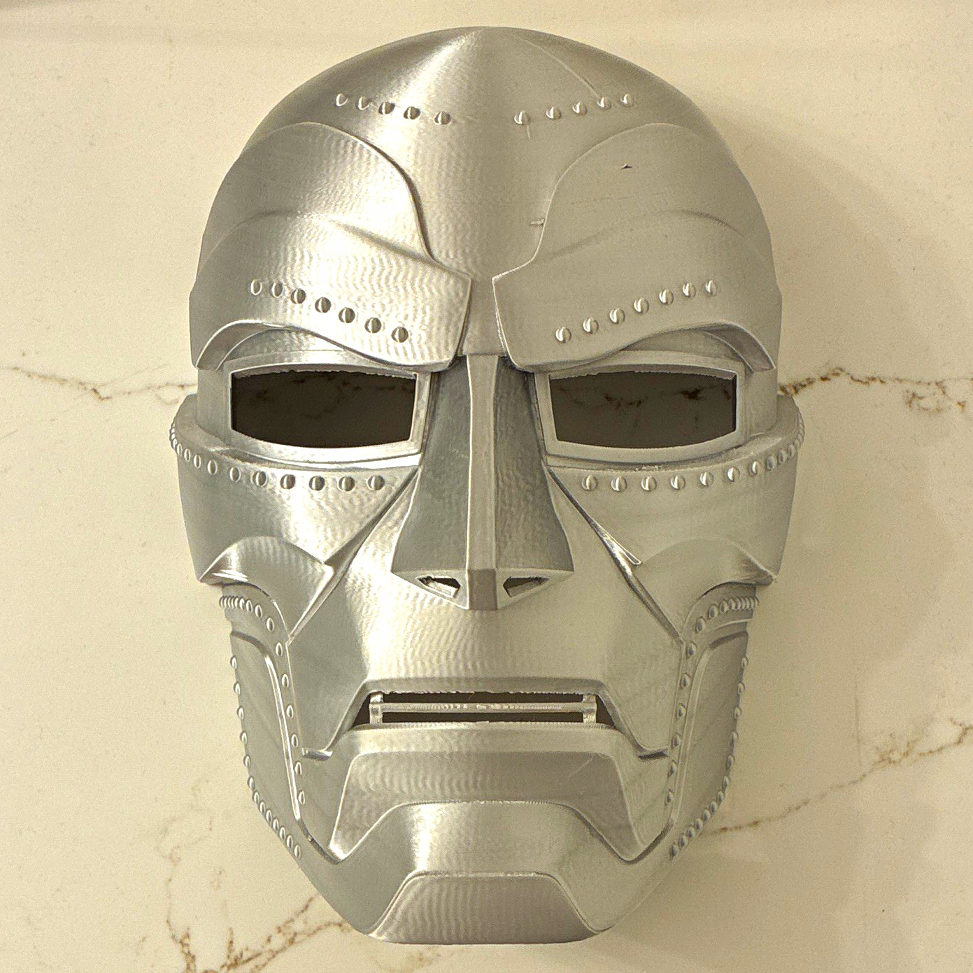 Dr Doom Mask 3D Printed in Silver Silk Pla