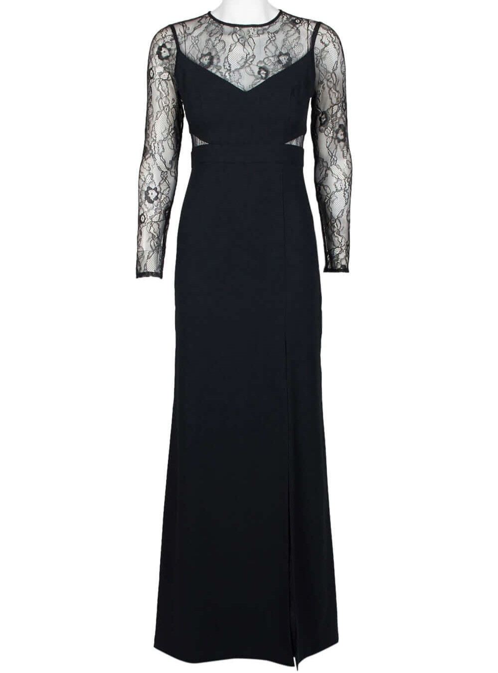 Aidan Mattox Long Sleeve Keyhole Back Crepe and Lace Gown Size 12 Black NWT