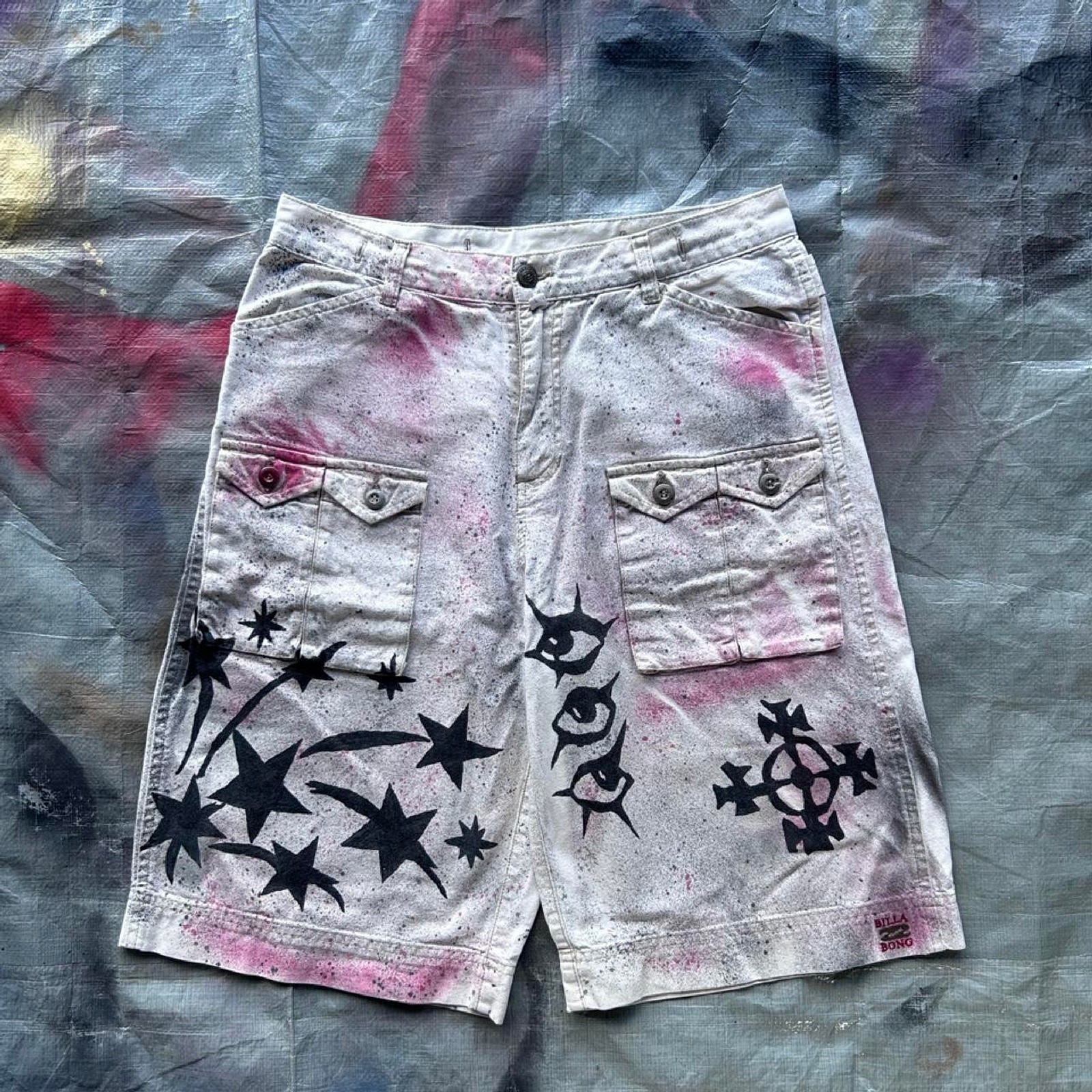 Reworked Vintage Billabong Jorts Custom Spray Painted Grey Womens 10 Y2K