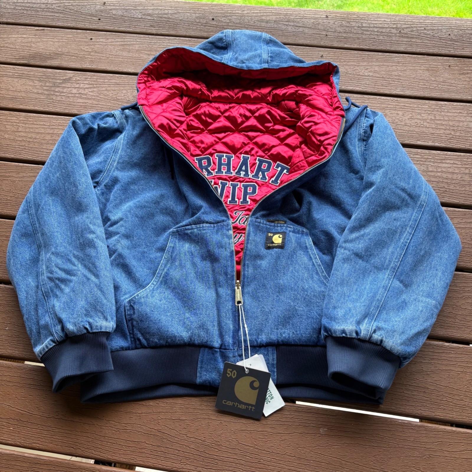 Carhartt WIP 50th Anniversary Active Jacket Reversible Denim Red Quilted XL NWT