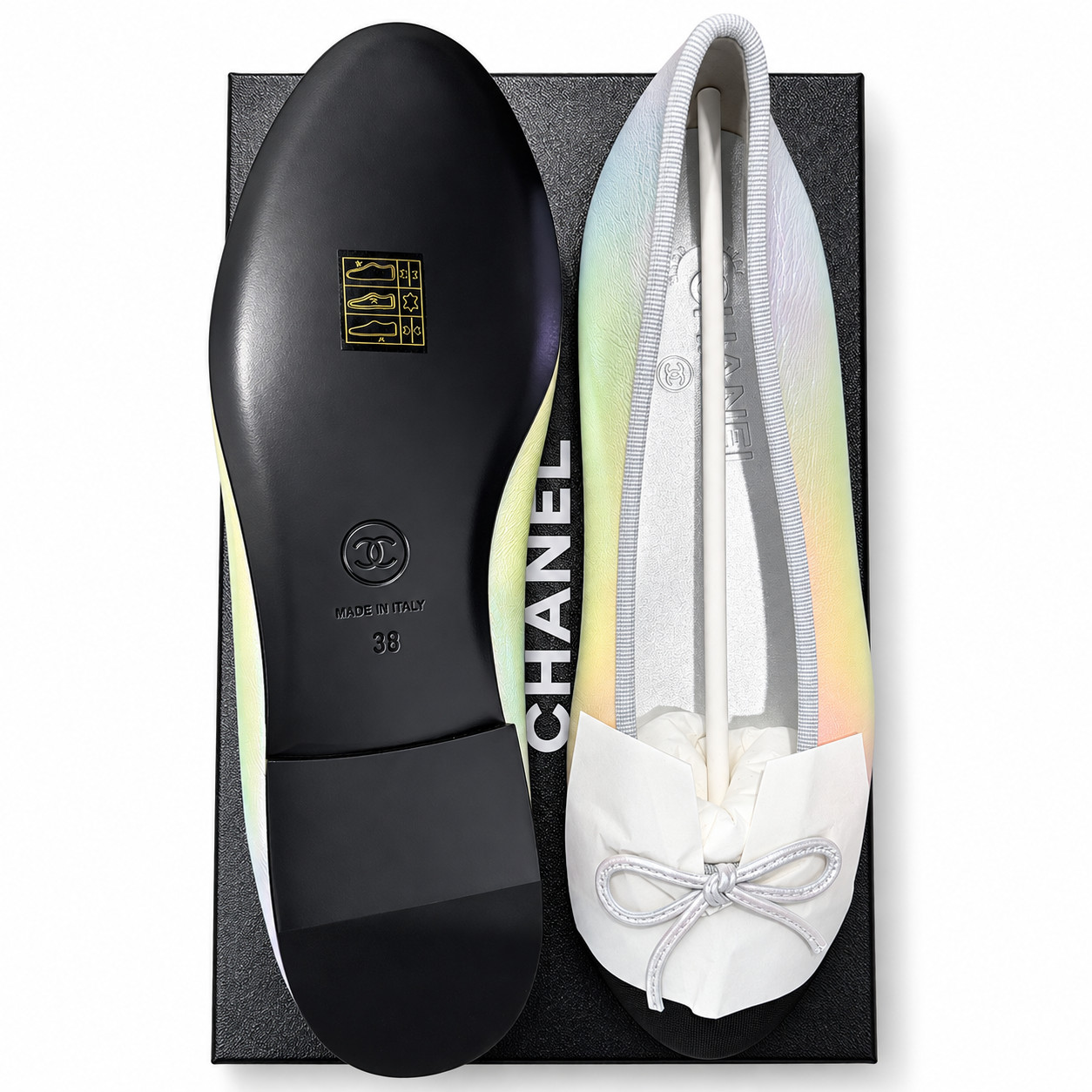 Chanel 26K Silver Multicolor Iridescent Black CC Logo Ballet Ballerina Flat 38