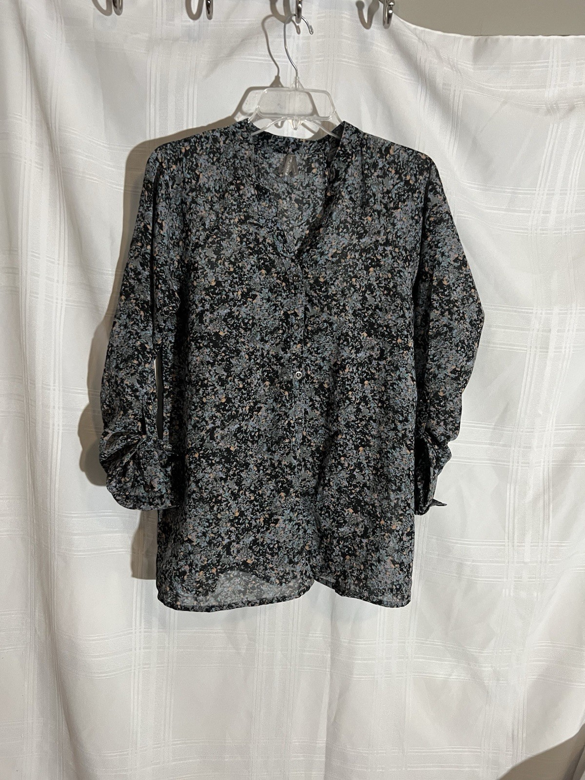 Vanity Sheer Abstract Floral Tunic Blouse NWOT M Boho Roll Tab Sleeve Button Up