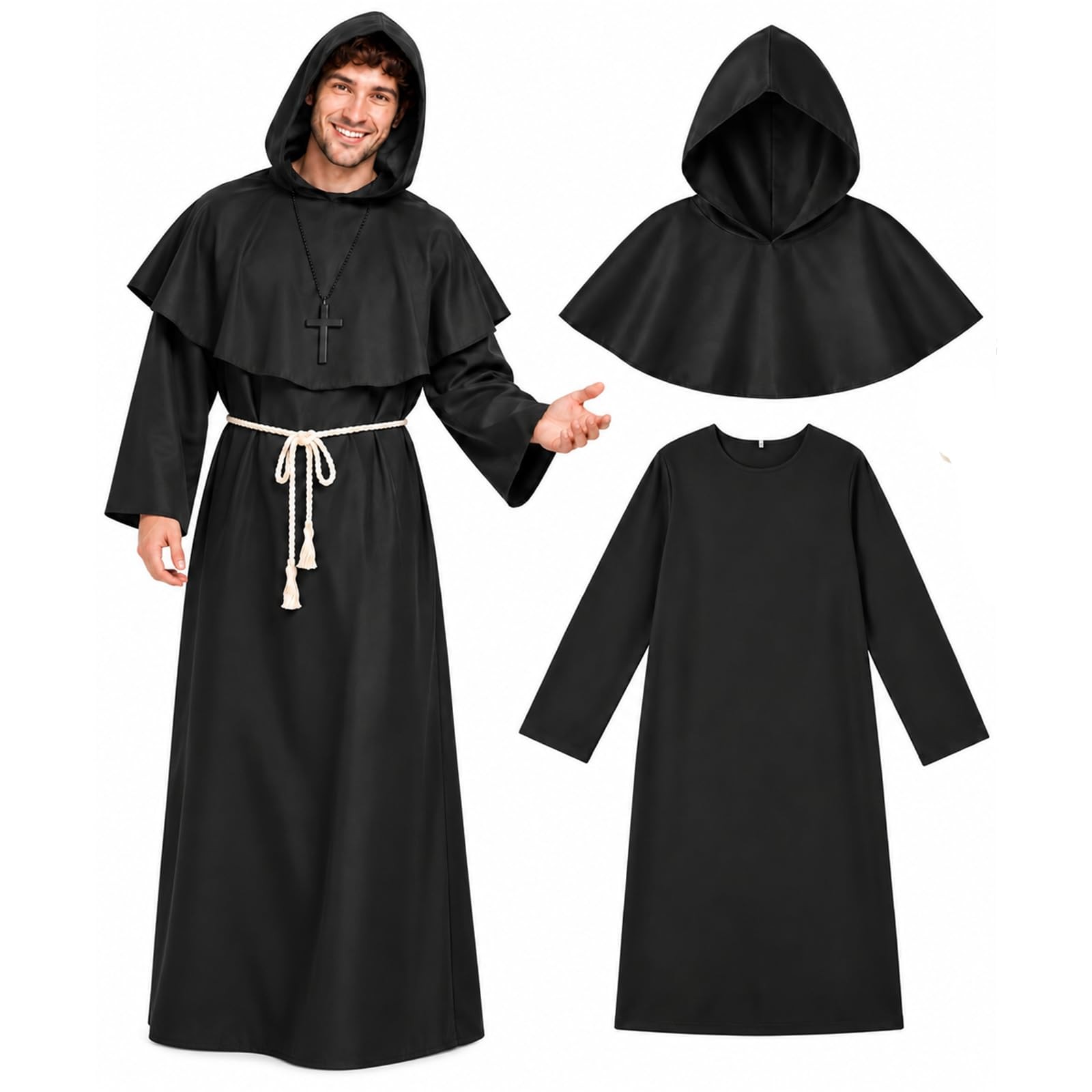 Friar Medieval Hooded Costume Men Monk Renaissance Priest Robe with Cross Rop...