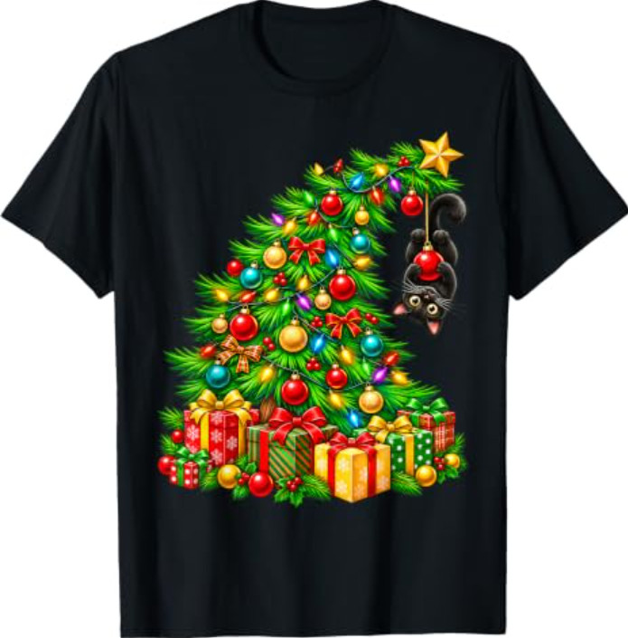 Black Cat Hanging from Christmas Tree Festive Pet Funny T-Shirt