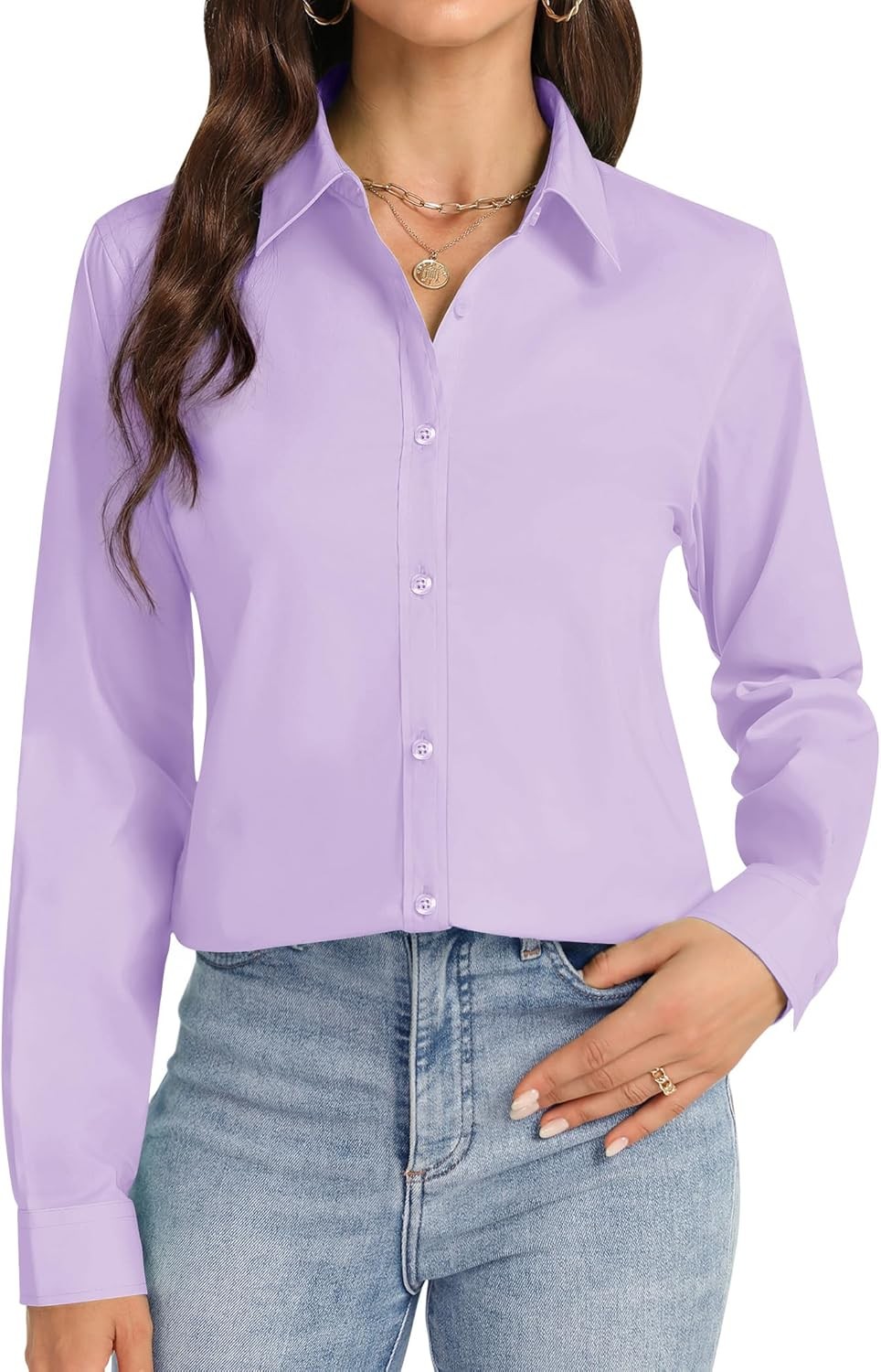 Women\'s Stretch Poly Blend Button Down Blouse Long Sleeve Tailored Fit