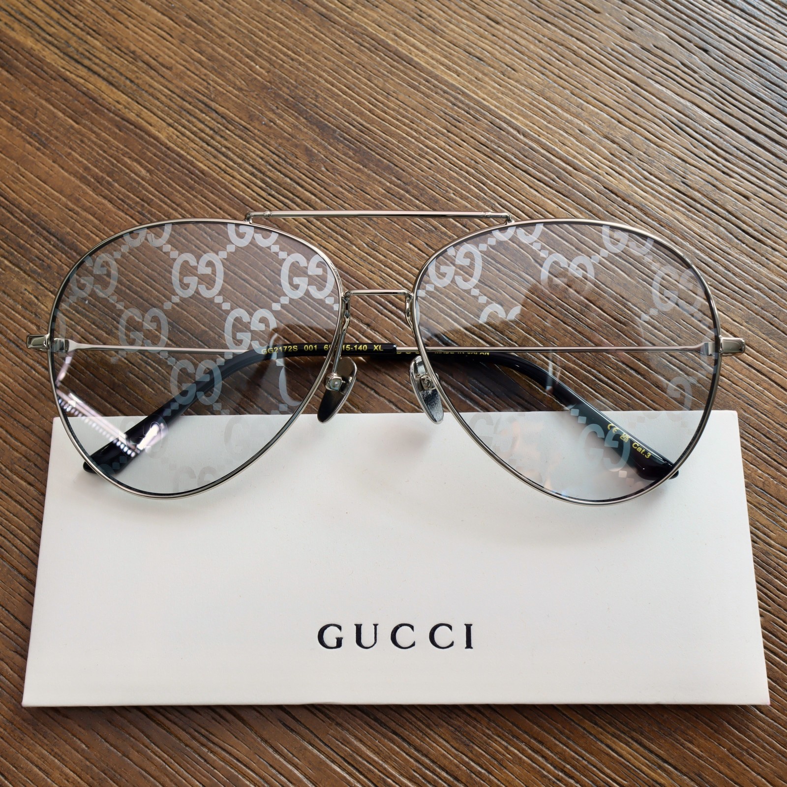 Gucci GG2172S 001 Aviator Sunglasses in Silver and Clear with GG Pattern Lens