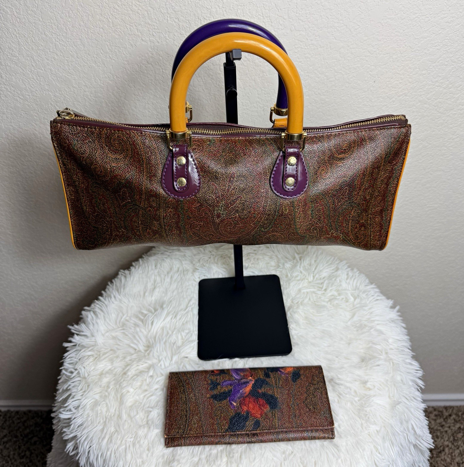 ETRO Rare East West Paisley Satchel Zip Bag w/ Wallet Brown Multicolor